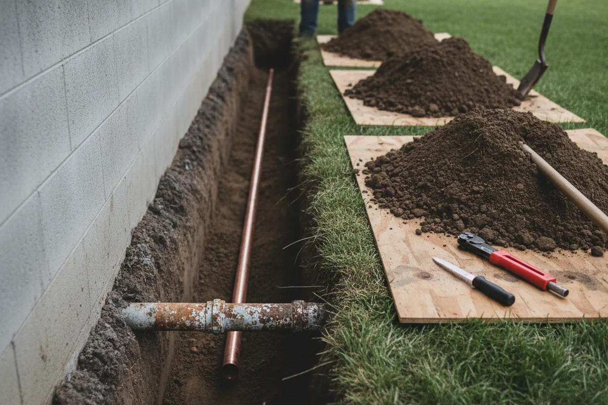 Excavated water line trench during Sewer Line Repair in Attica
